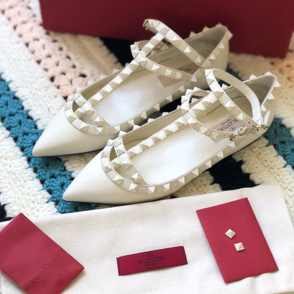 Valentino Rockstud White Matte Leather Caged Flats - Picture 3 of 8